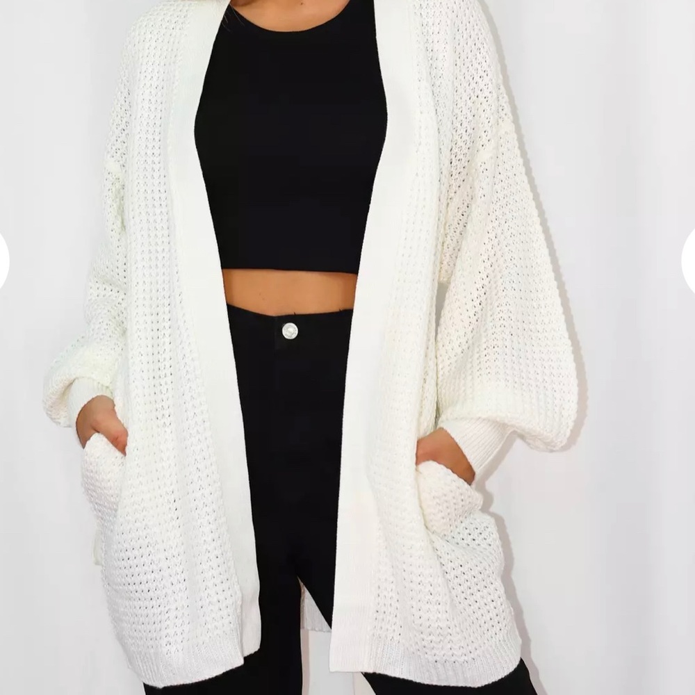 Misguided Balloon Sleeve White Long Cardigan
